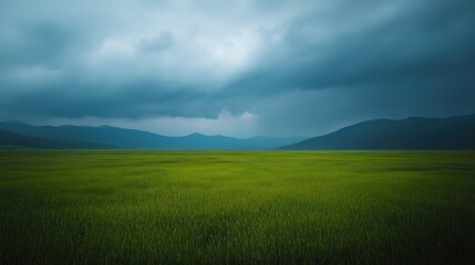Fototapeta premium Lush Green Landscape Under Dramatic Stormy Sky with Mountains