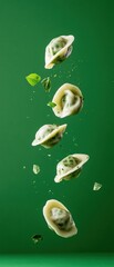Spring Harvest Storytelling Herb-Infused Dumplings Floating in Artisan Culinary Motion - Fresh Seasonal Gastronomy for Mindful Wellness Branding