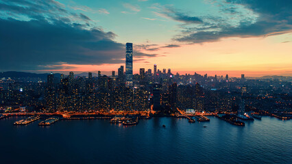 Naklejka premium aerial view of a city skyline at dusk, with skyscrapers glowing under the evening lights, symbolizing growth and ambition