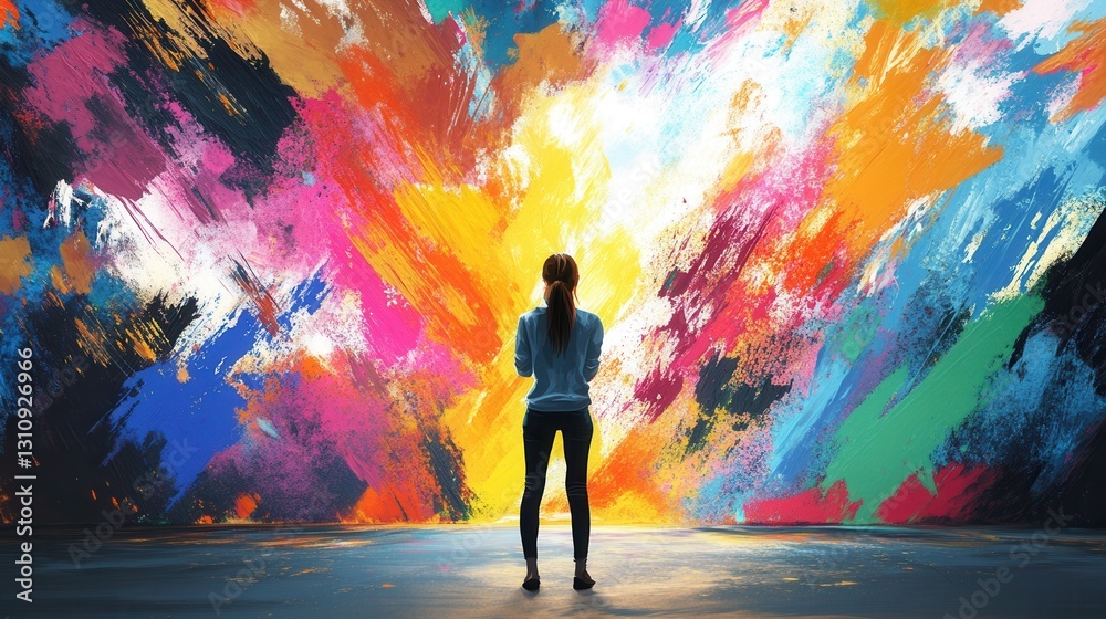 Poster artistic expression ignites creativity as an artist stands before a vast canvas with vibrant paint s