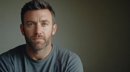 Obraz premium Confident Man with Beard in Casual Attire Against a Neutral Background