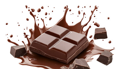 Delicious chocolate bar pieces falling into chocolate splashing on transparent background, PNG format