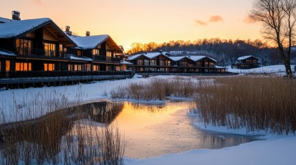 Fototapeta premium A Serene Winter Sunset Over Lakeside Cabins Reflecting Gold and Orange Hues Amidst a Snowy Landscape in a Tranquil Natural Setting.