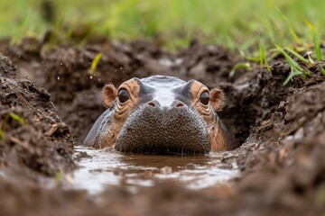 Obraz premium Eco-Conscious Wildlife Conservation Rare Pygmy Hippo Emerges in Muddy Habitat - Sustainable Nature Storytelling for Immersive Environmental Education