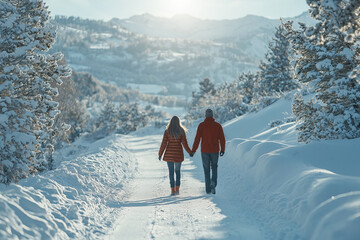 Rear View of a Couple Walking on a Snowy Mountain Path