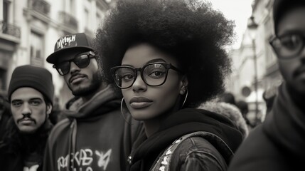 Obraz premium Wide-angle portrait of people in Montmartre, Paris, with afro hair and streetwear clothing. 