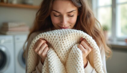 Young woman smells freshly washed white knitted soft sweater. Satisfied girl enjoys clean laundry scent, feel fresh aroma after washing clothes in machine at home. Household chores.
