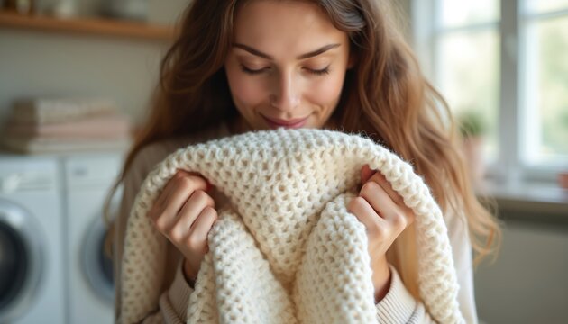 Young woman smells freshly washed white knitted soft sweater. Satisfied girl enjoys clean laundry scent, feel fresh aroma after washing clothes in machine at home. Household chores.