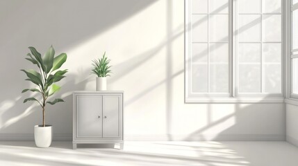 Bright room with plants and cabinet, Sunlight through window, Ideal for product display