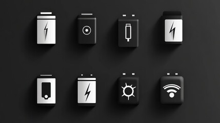 Battery icons, different types, dark background. Illustration for a guide or educational purpose