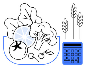 Bowl of fresh foods including broccoli, tomato, and citrus with calculator and wheat stalks. Ideal for health, dieting, wellness, agriculture, farming nutrition education. Flat simple metaphor