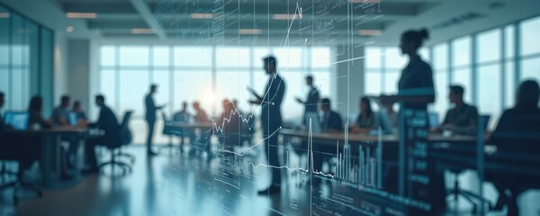 Wide angle visual of office with blurred people silhouettes, tables, chairs in corporate space. Transparent screen displays graphs, charts, data for finance, accounting, investment. Meeting, team