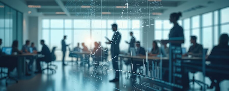 Wide angle visual of office with blurred people silhouettes, tables, chairs in corporate space. Transparent screen displays graphs, charts, data for finance, accounting, investment. Meeting, team