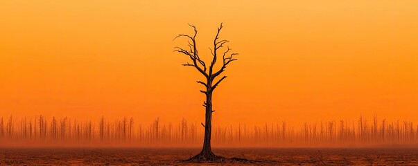 Naklejka premium Climate change drought concept. Silhouette of a barren tree against a vibrant orange sunset sky.