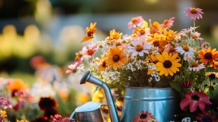 Fototapeta premium A Vibrant Arrangement of Colorful Flowers in a Gardening Scene Captured Under Soft Natural Light, Showcasing the Beauty of Nature and Floral Diversity.