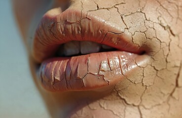 Close-up shot of cracked lips, dry earth texture. Suggests dehydration, thirst. Skincare concept dryness, fragility. Beauty, health treatment visuals for lip care, cosmetics, arid climate awareness.