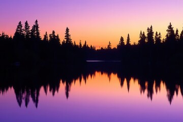 Obraz premium tranquil lakeside panorama capturing the golden hour with silhouetted pine trees reflecting on still waters, while purple and orange hues blend in the twilight sky creating a meditative atmosphere