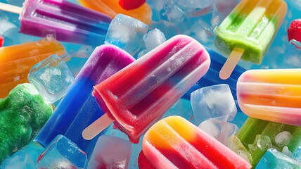 Hand holding colorful popsicle, fruits in the background