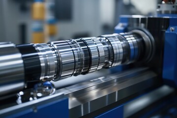 Fototapeta premium Close-up of precision engineered metal rollers. Illustrates industrial machinery and high-tech manufacturing.