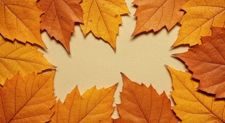 Fototapeta premium Autumn Leaves Frame with Golden and Brown Colors on Beige Background