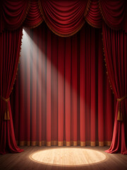 dramatic theater backdrop rich red velvet curtain ornate gold tassels and trim spotlight creating dramatic shadows hint of stage visible
