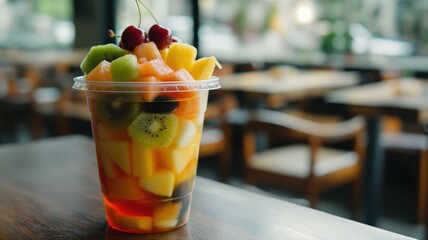 fruit salad in a plastic cup in a restaurant