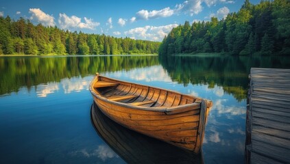 Fototapeta premium Rustic wooden boat floating near a weathered wooden dock on a serene lake surrounded by lush green forest with calm water reflecting the blue sky and clouds