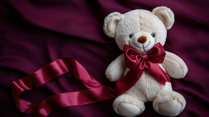 Elegant 3D Teddy Bear Wrapped in Silky Ribbon on a Rich Fabric Background