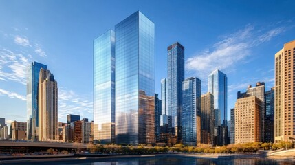 Obraz premium Modern cityscape sunrise, waterfront park, urban development, architectural design, real estate