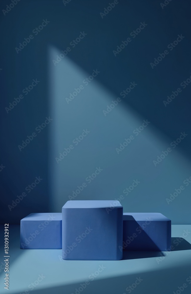 Leinwandbilder front view of geometric composition of blue cubes on blue backdrop. blank stage with light gradient,