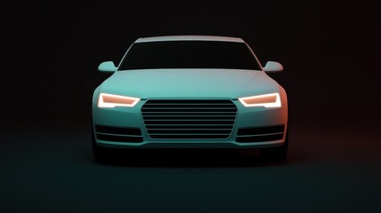 Modern Car Front View with Neon Lighting in Dark Background