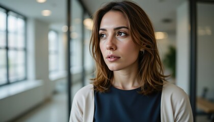 Fototapeta premium Contemplative woman in modern office indoor environment portrait photography thoughtful atmosphere