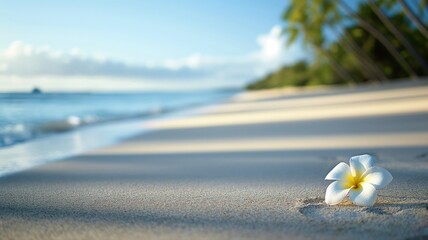 Obraz premium white frangipani flower on the sandy beach