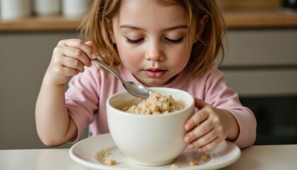 Child enjoying breakfast cereal at home family activity indoor kitchen cozy environment close-up view