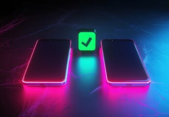 Two phones are lit up in neon colors and a green check mark is on top of them