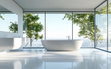 Fototapeta premium A large white bathtub sits in a bathroom with a view of the city