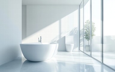 Fototapeta premium A white bathroom with a large bathtub and a toilet