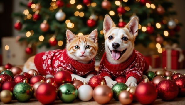 Festive holiday pets cozy living room photo cheerful atmosphere close-up christmas spirit