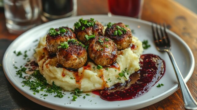 Juicy meatballs served on creamy mashed potatoes with berry sauce and fresh herbs. Perfect for restaurant menus, food blogs, and recipe websites showcasing delicious comfort food.