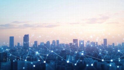 A city skyline is shown with a blue sky