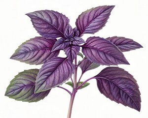 Vivid Purple Basil Plant Illustration with Intricate Leaf Details.