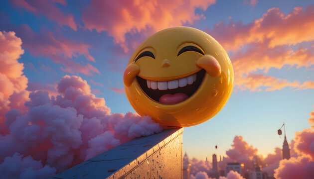 Smiling Emoji Overlooking Cityscape with Pink Clouds at Sunset