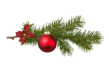 christmas fir branch with xmas decoration ball isolated on white or transparent png.