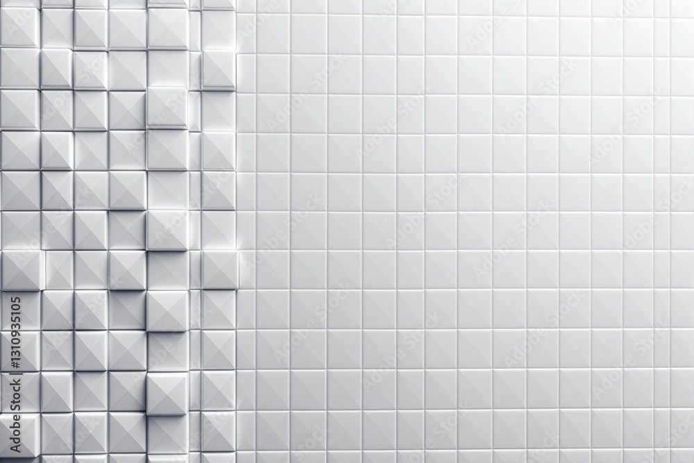 Poster abstract geometric 3d white tile wall with textured pyramid patterns and lighting effects.
