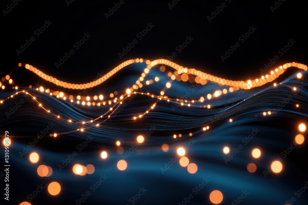 Poster abstract visualization of flowing orange particles over a deep blue background, creating a sense of 