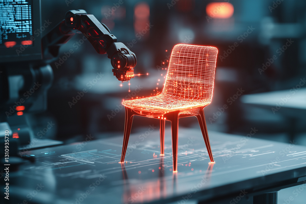 Poster futuristic robotic arm assembling digital chair in high tech environment
