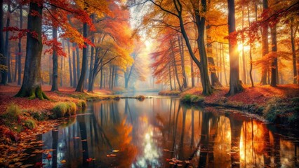 Obraz premium Serene autumnal woodland stream reflecting vibrant foliage, sunlit canopy, and misty atmosphere