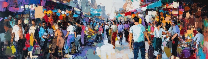 A vibrant painting captures a bustling crowd of diverse people strolling down a lively city street, surrounded by colorful storefronts, tall buildings, and bright city lights.