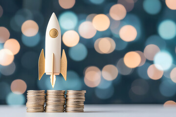 golden rocket positioned near stack of coins symbolizes financial growth and investment opportunities. blurred background adds dreamy effect, enhancing theme of aspiration