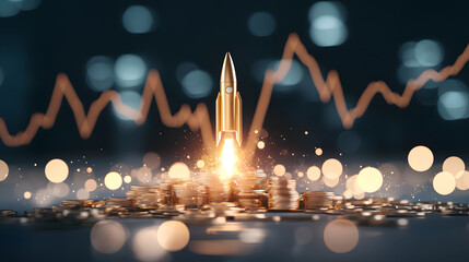 golden rocket launching from pile of coins symbolizes financial growth and investment success. background features dynamic upward trend, enhancing theme of prosperity
